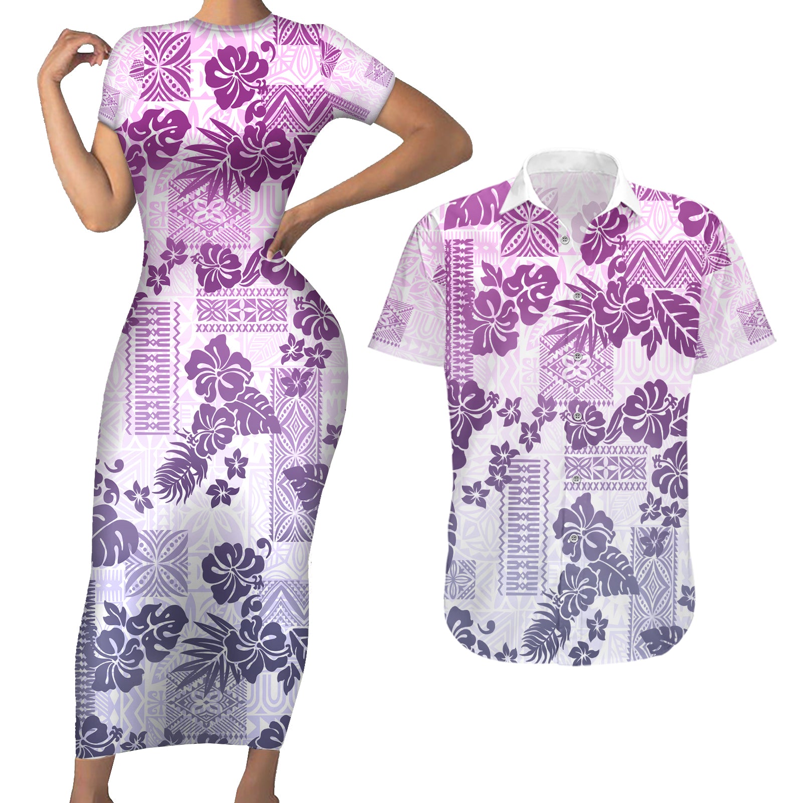 Vintage Hawaii Couples Matching Short Sleeve Bodycon Dress and Hawaiian Shirt Hibiscus Tapa Tribal With Hawaiian Quilt Pattern Violet LT9 Violet - Polynesian Pride