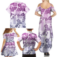 Vintage Hawaii Family Matching Summer Maxi Dress and Hawaiian Shirt Hibiscus Tapa Tribal With Hawaiian Quilt Pattern Violet LT9 - Polynesian Pride