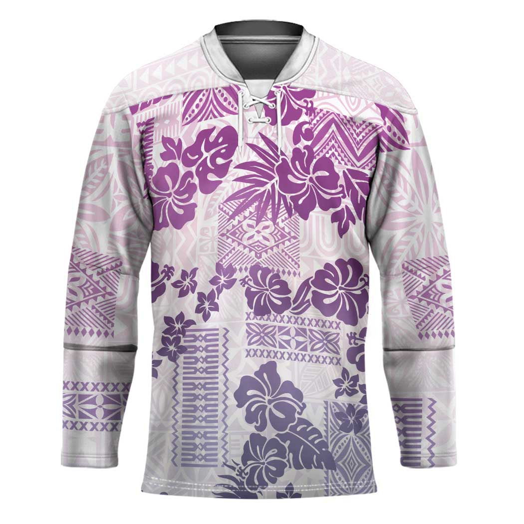 Vintage Hawaii Hockey Jersey Hibiscus Tapa Tribal With Hawaiian Quilt Pattern Violet - Polynesian Pride