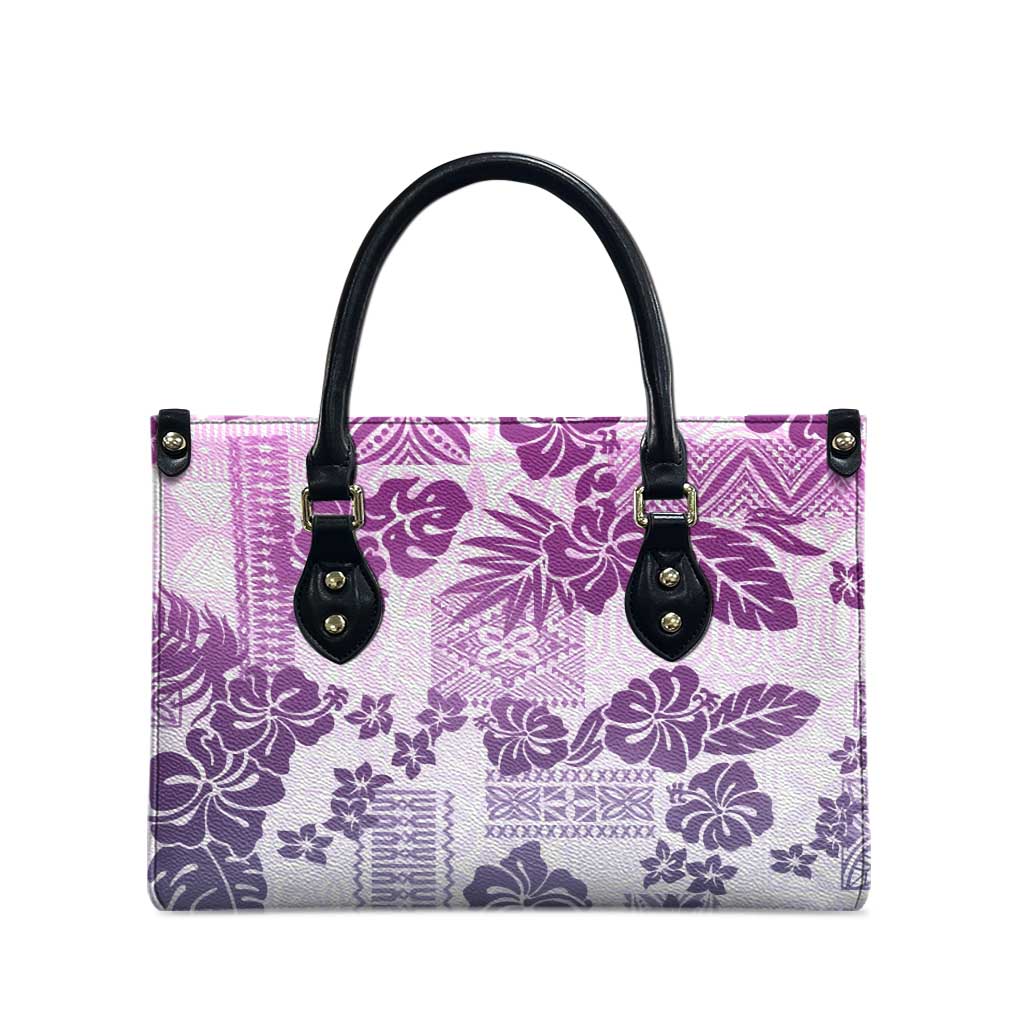 Vintage Hawaii Leather Bag Hibiscus Tapa Tribal With Hawaiian Quilt Pattern Violet - Polynesian Pride