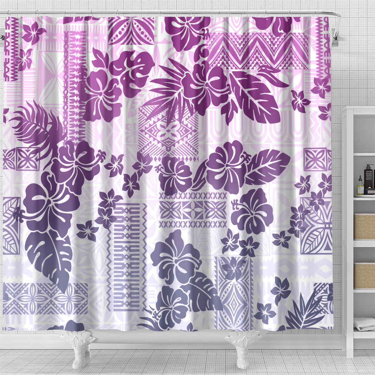 Vintage Hawaii Shower Curtain Hibiscus Tapa Tribal With Hawaiian Quilt Pattern Violet LT9 - Polynesian Pride