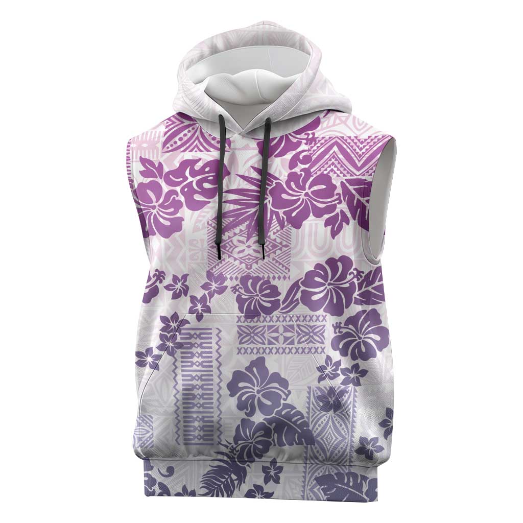 Vintage Hawaii Sleeveless Hoodie Hibiscus Tapa Tribal With Hawaiian Quilt Pattern Violet - Polynesian Pride