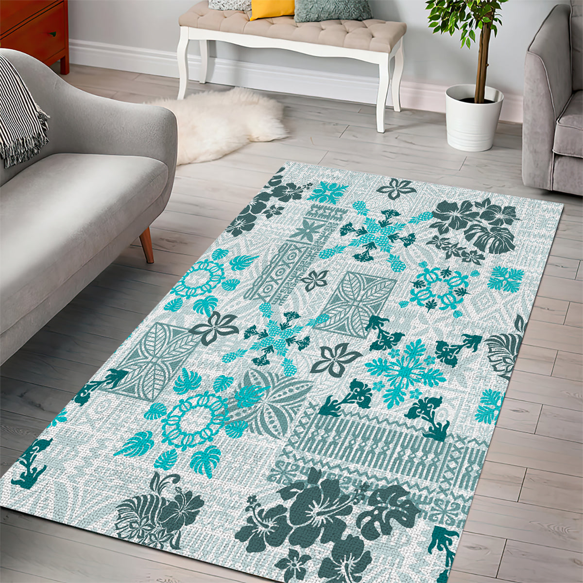 Hawaii Tapa Tribal Area Rug With Hawaiian Quilt Pattern Aqua LT9 - Polynesian Pride