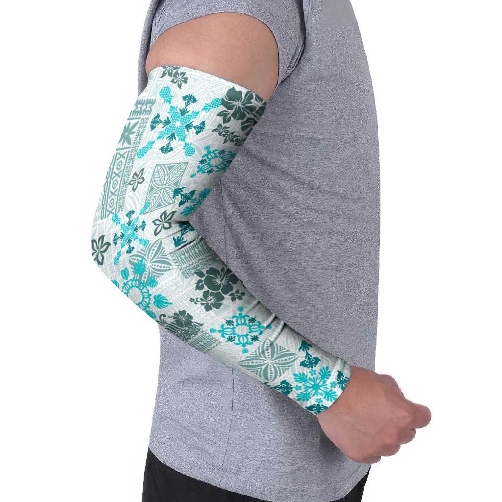 Hawaii Tapa Tribal Arm Sleeves With Hawaiian Quilt Pattern Aqua - Polynesian Pride