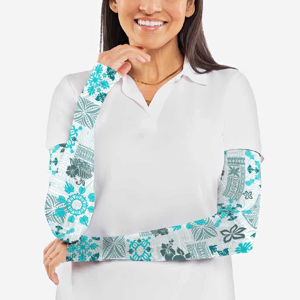 Hawaii Tapa Tribal Arm Sleeves With Hawaiian Quilt Pattern Aqua - Polynesian Pride