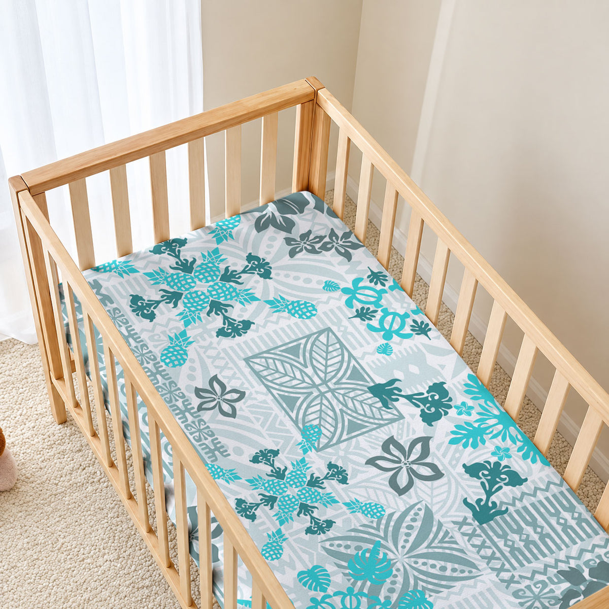 Hawaii Tapa Tribal Baby Bed Cover With Hawaiian Quilt Pattern Aqua LT9 - Polynesian Pride