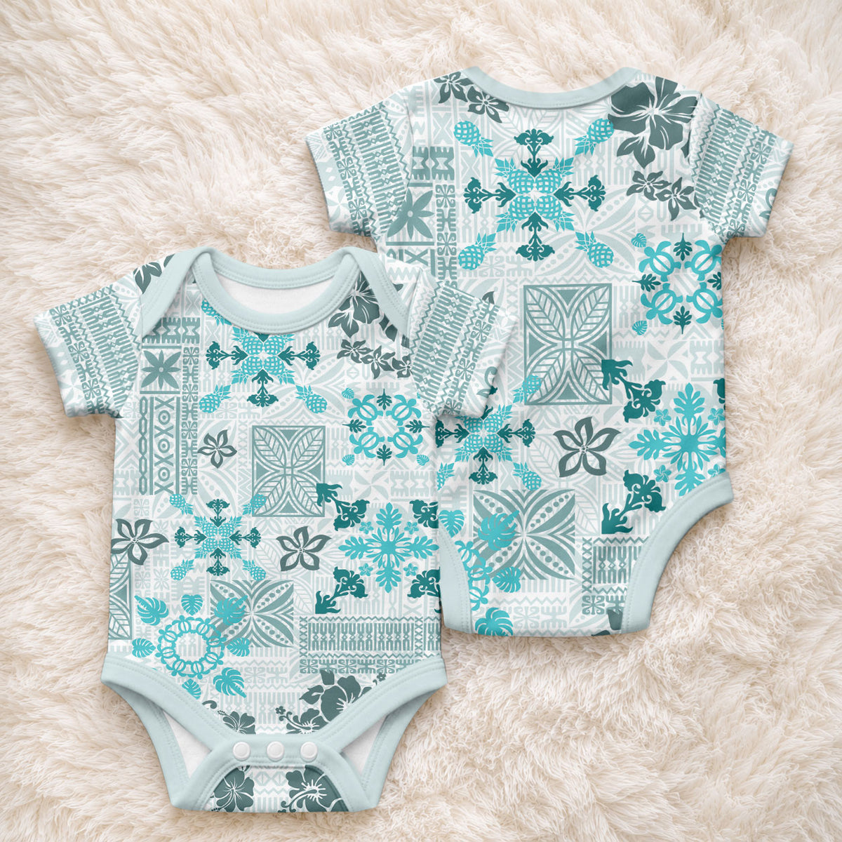 Hawaii Tapa Tribal Baby Onesie With Hawaiian Quilt Pattern Aqua LT9 - Polynesian Pride