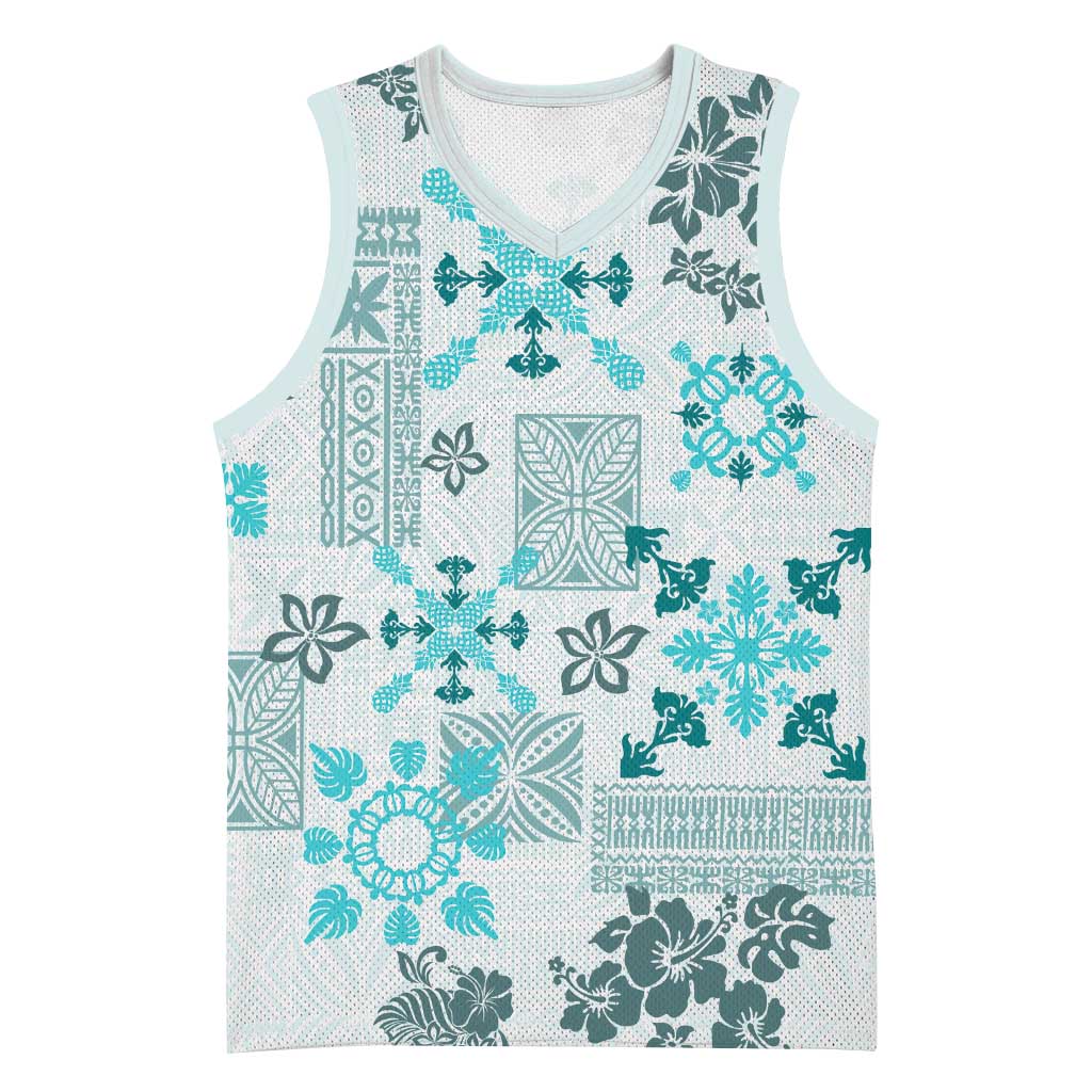 Hawaii Tapa Tribal Basketball Jersey With Hawaiian Quilt Pattern Aqua - Polynesian Pride