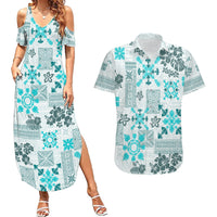 Hawaii Tapa Tribal Couples Matching Summer Maxi Dress and Hawaiian Shirt With Hawaiian Quilt Pattern Aqua LT9 Aqua - Polynesian Pride
