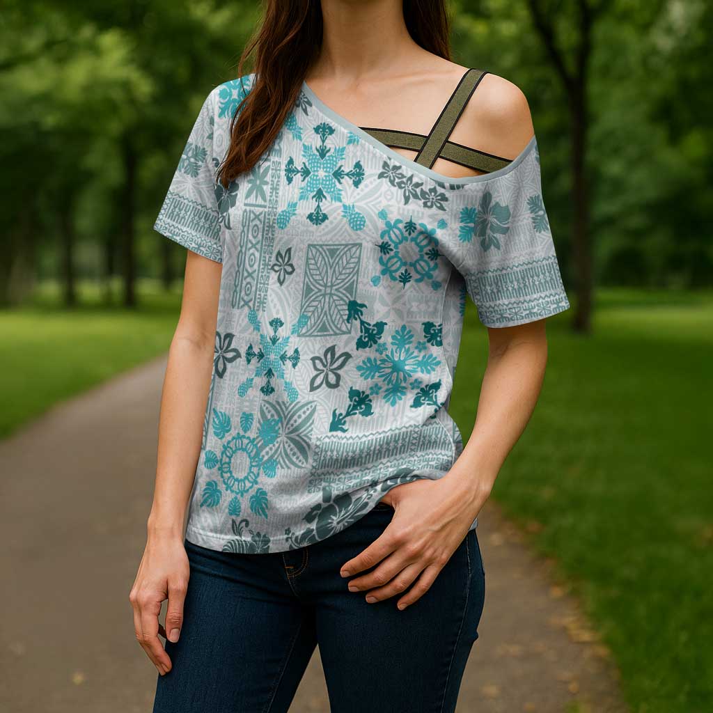 Hawaii Tapa Tribal Cross Shoulder Shirt With Hawaiian Quilt Pattern Aqua - Polynesian Pride