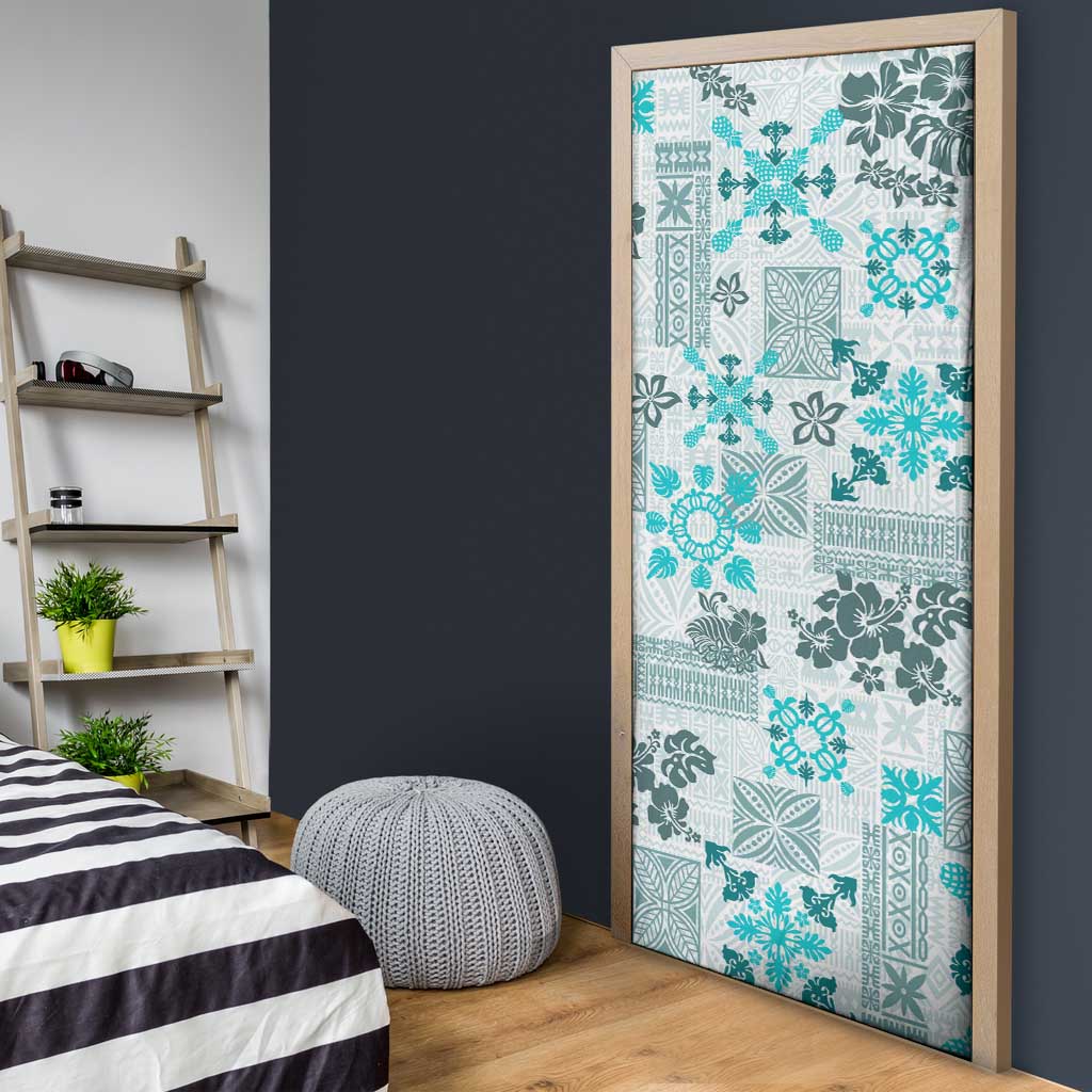 Hawaii Tapa Tribal Door Cover With Hawaiian Quilt Pattern Aqua - Polynesian Pride