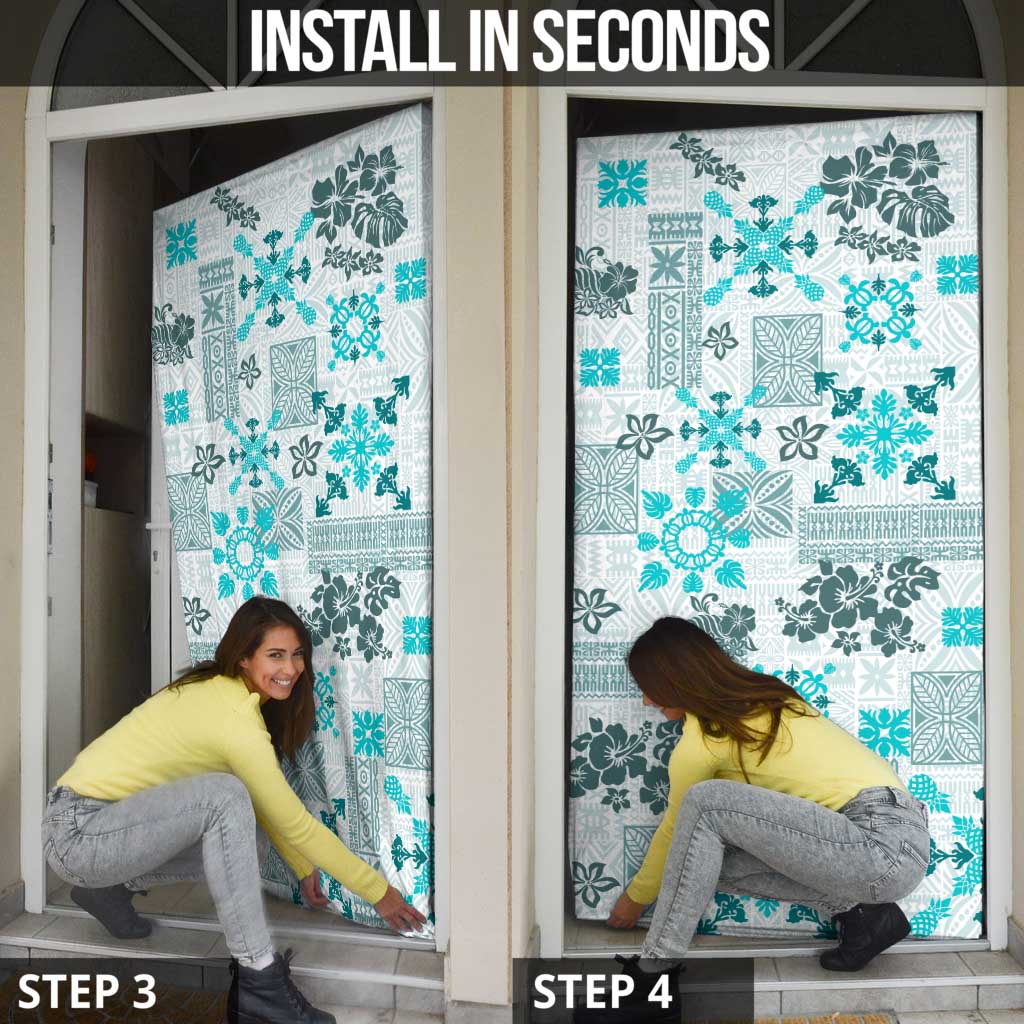 Hawaii Tapa Tribal Door Cover With Hawaiian Quilt Pattern Aqua - Polynesian Pride