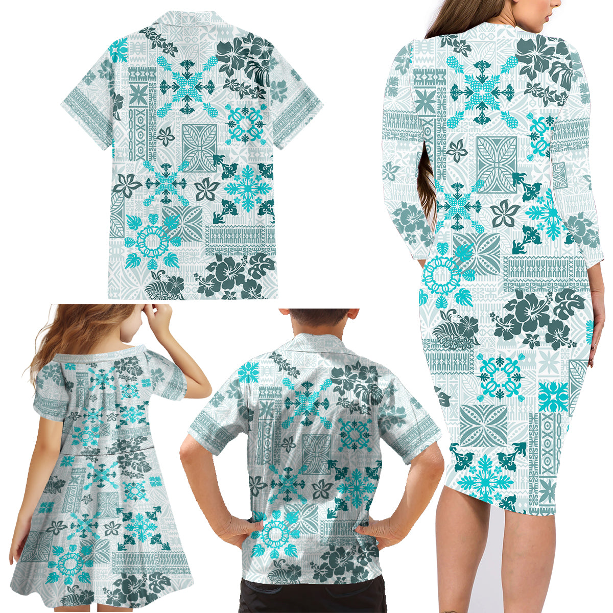 Hawaii Tapa Tribal Family Matching Long Sleeve Bodycon Dress and Hawaiian Shirt With Hawaiian Quilt Pattern Aqua LT9 - Polynesian Pride