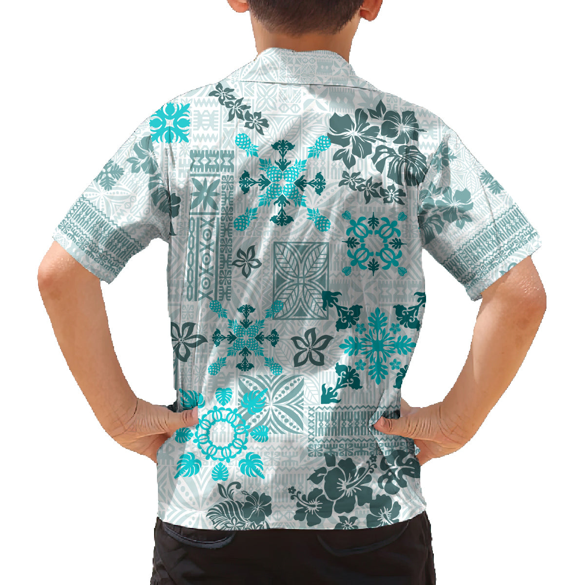 Hawaii Tapa Tribal Family Matching Off Shoulder Long Sleeve Dress and Hawaiian Shirt With Hawaiian Quilt Pattern Aqua LT9 - Polynesian Pride