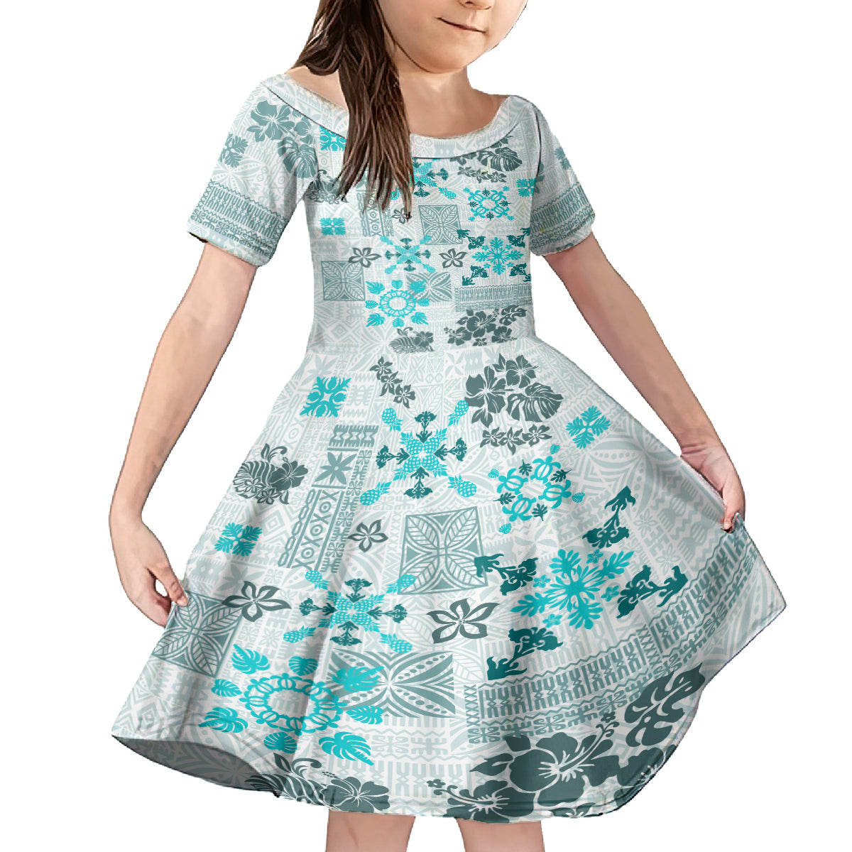 Hawaii Tapa Tribal Family Matching Off Shoulder Long Sleeve Dress and Hawaiian Shirt With Hawaiian Quilt Pattern Aqua LT9 Daughter's Dress Aqua - Polynesian Pride