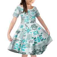 Hawaii Tapa Tribal Family Matching Off Shoulder Long Sleeve Dress and Hawaiian Shirt With Hawaiian Quilt Pattern Aqua LT9 Daughter's Dress Aqua - Polynesian Pride
