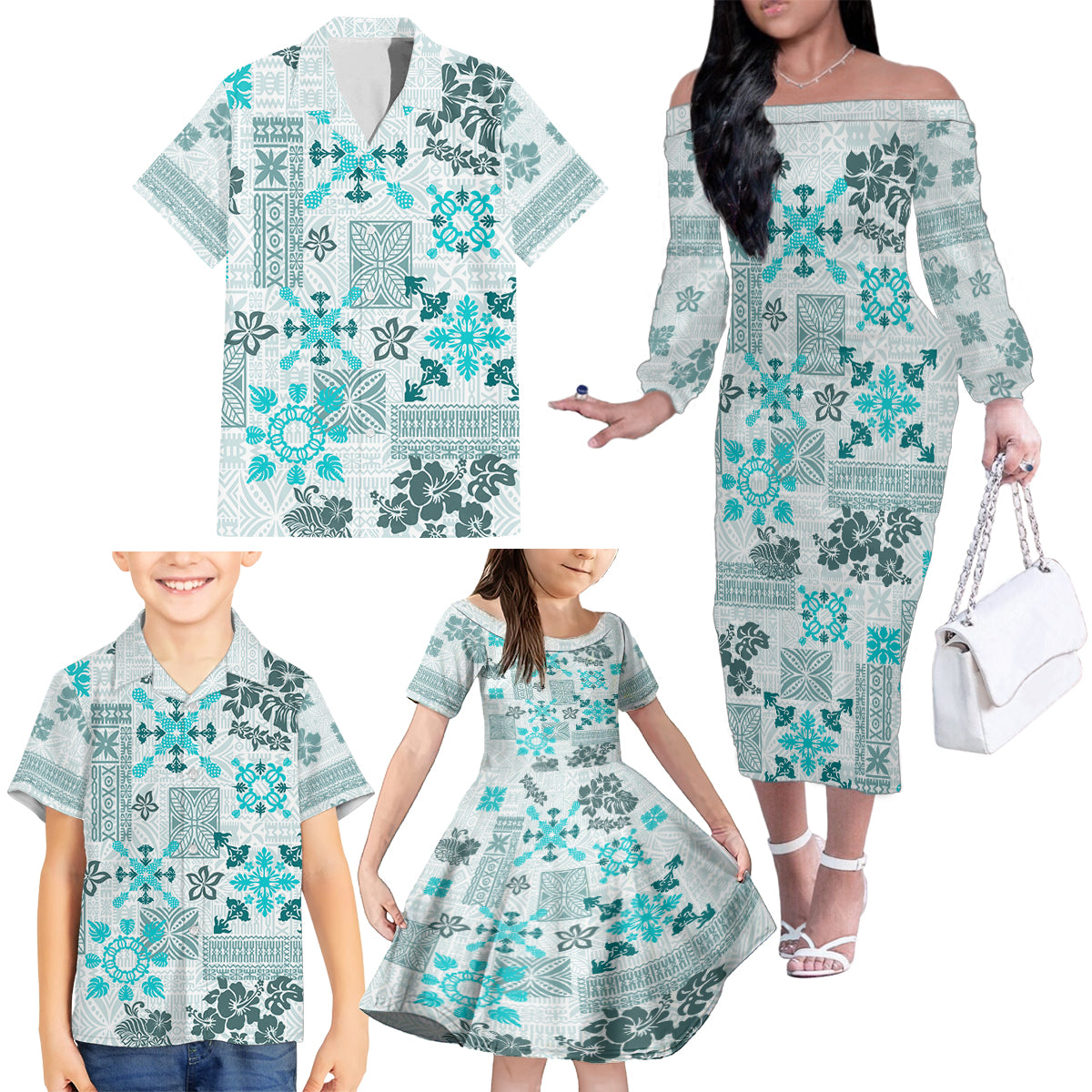 Hawaii Tapa Tribal Family Matching Off Shoulder Long Sleeve Dress and Hawaiian Shirt With Hawaiian Quilt Pattern Aqua LT9 - Polynesian Pride