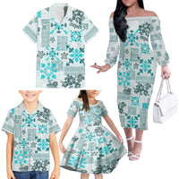 Hawaii Tapa Tribal Family Matching Off Shoulder Long Sleeve Dress and Hawaiian Shirt With Hawaiian Quilt Pattern Aqua LT9 - Polynesian Pride