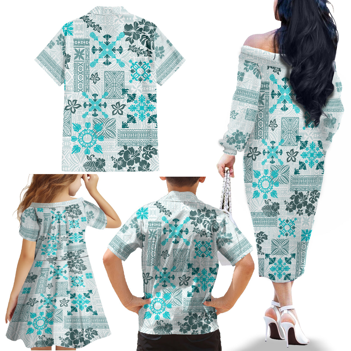 Hawaii Tapa Tribal Family Matching Off Shoulder Long Sleeve Dress and Hawaiian Shirt With Hawaiian Quilt Pattern Aqua LT9 - Polynesian Pride