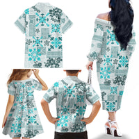 Hawaii Tapa Tribal Family Matching Off Shoulder Long Sleeve Dress and Hawaiian Shirt With Hawaiian Quilt Pattern Aqua LT9 - Polynesian Pride
