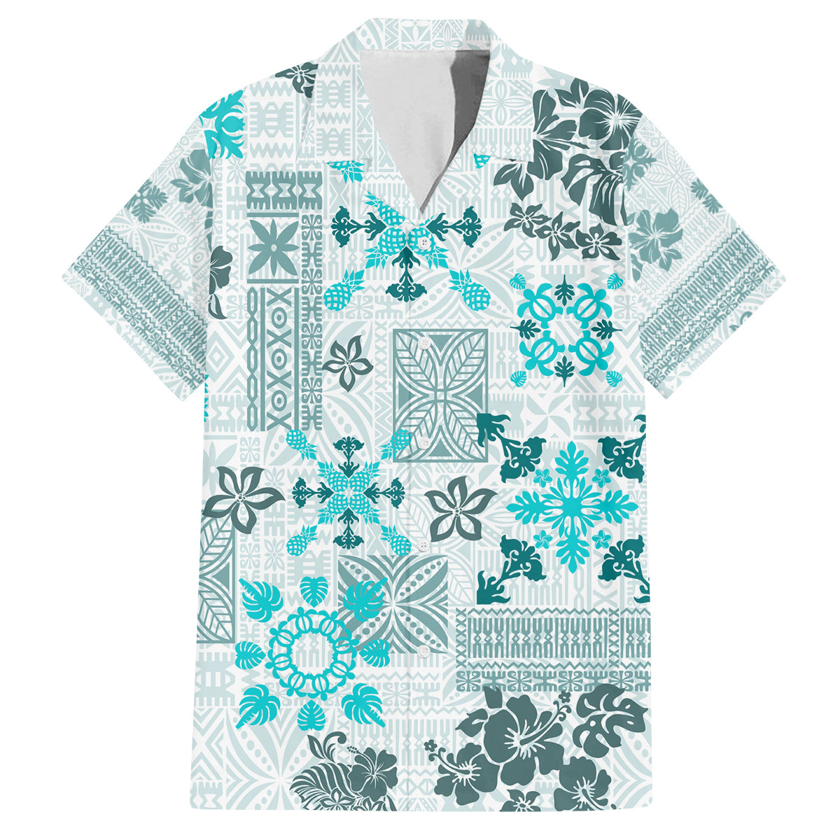 Hawaii Tapa Tribal Family Matching Off Shoulder Long Sleeve Dress and Hawaiian Shirt With Hawaiian Quilt Pattern Aqua LT9 Dad's Shirt - Short Sleeve Aqua - Polynesian Pride