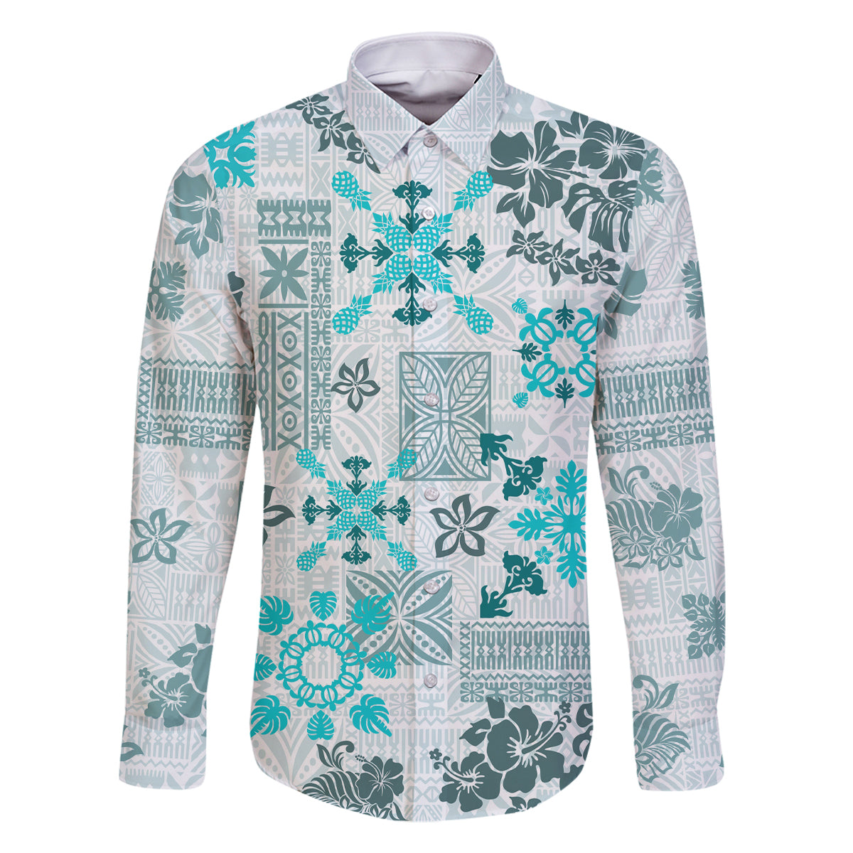 Hawaii Tapa Tribal Family Matching Off Shoulder Long Sleeve Dress and Hawaiian Shirt With Hawaiian Quilt Pattern Aqua LT9 Dad's Shirt - Long Sleeve Aqua - Polynesian Pride