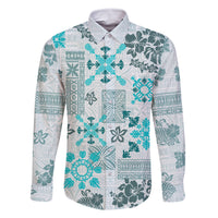 Hawaii Tapa Tribal Family Matching Off Shoulder Long Sleeve Dress and Hawaiian Shirt With Hawaiian Quilt Pattern Aqua LT9 Dad's Shirt - Long Sleeve Aqua - Polynesian Pride