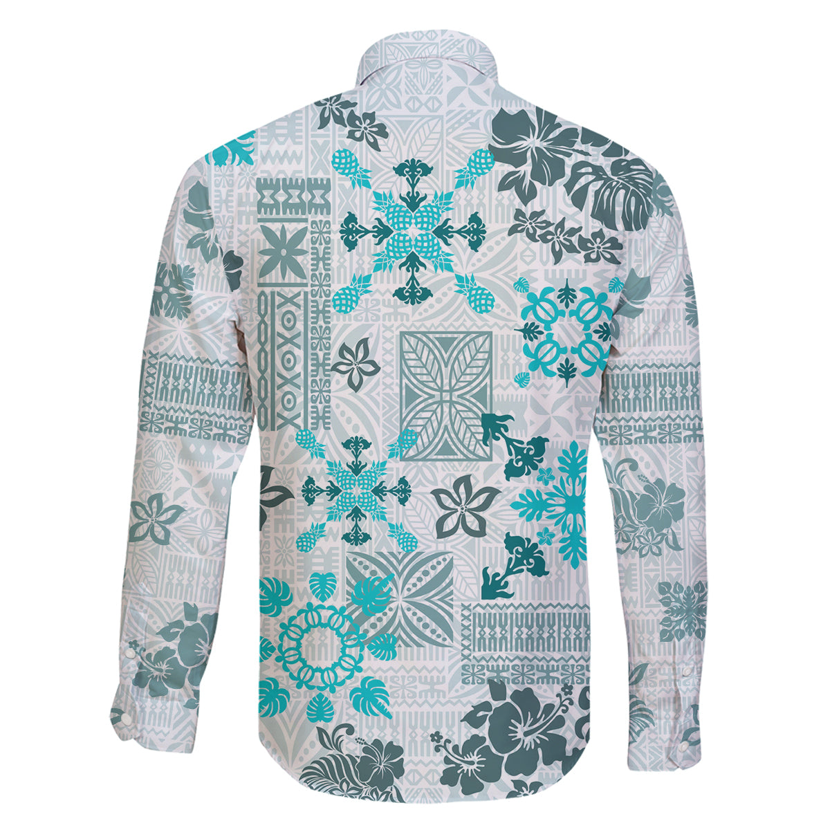Hawaii Tapa Tribal Family Matching Off Shoulder Long Sleeve Dress and Hawaiian Shirt With Hawaiian Quilt Pattern Aqua LT9 - Polynesian Pride