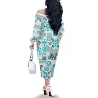 Hawaii Tapa Tribal Family Matching Off Shoulder Long Sleeve Dress and Hawaiian Shirt With Hawaiian Quilt Pattern Aqua LT9 - Polynesian Pride