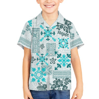 Hawaii Tapa Tribal Family Matching Off Shoulder Long Sleeve Dress and Hawaiian Shirt With Hawaiian Quilt Pattern Aqua LT9 Son's Shirt Aqua - Polynesian Pride