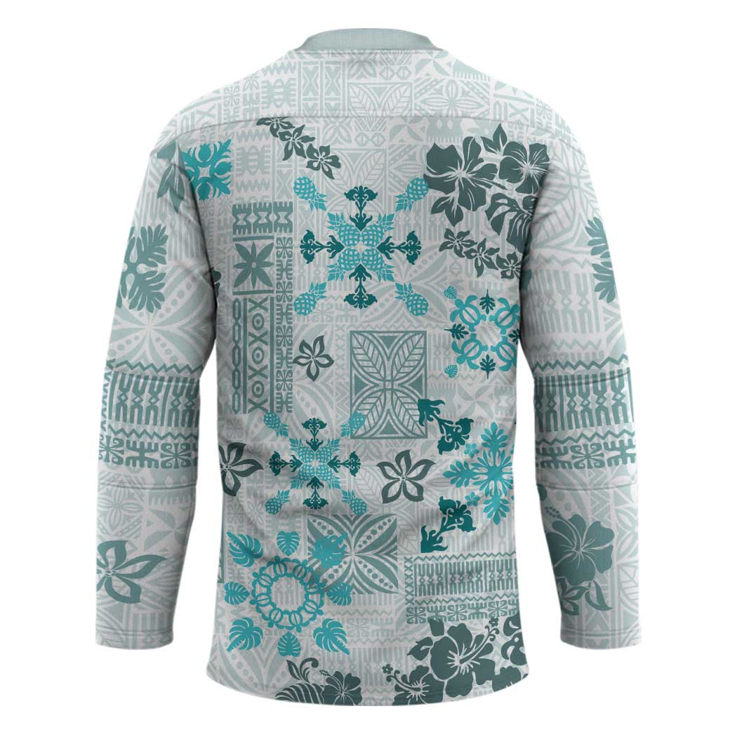 Hawaii Tapa Tribal Hockey Jersey With Hawaiian Quilt Pattern Aqua - Polynesian Pride