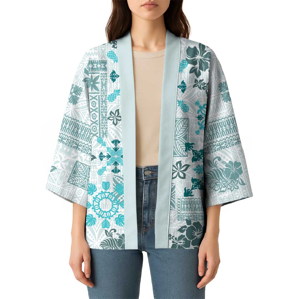 Hawaii Tapa Tribal Kimono With Hawaiian Quilt Pattern Aqua - Polynesian Pride
