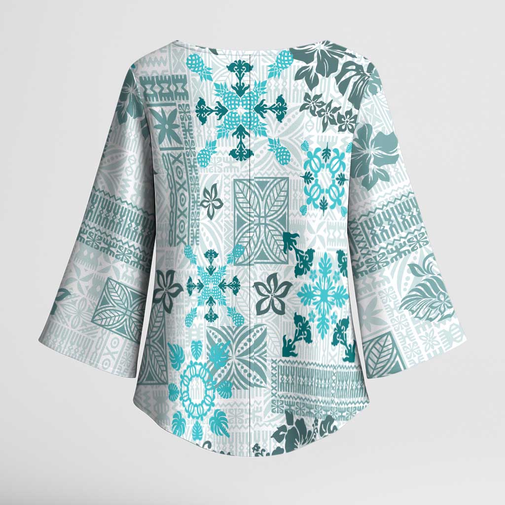 Hawaii Tapa Tribal Kimono Sleeve Blouse With Hawaiian Quilt Pattern Aqua - Polynesian Pride