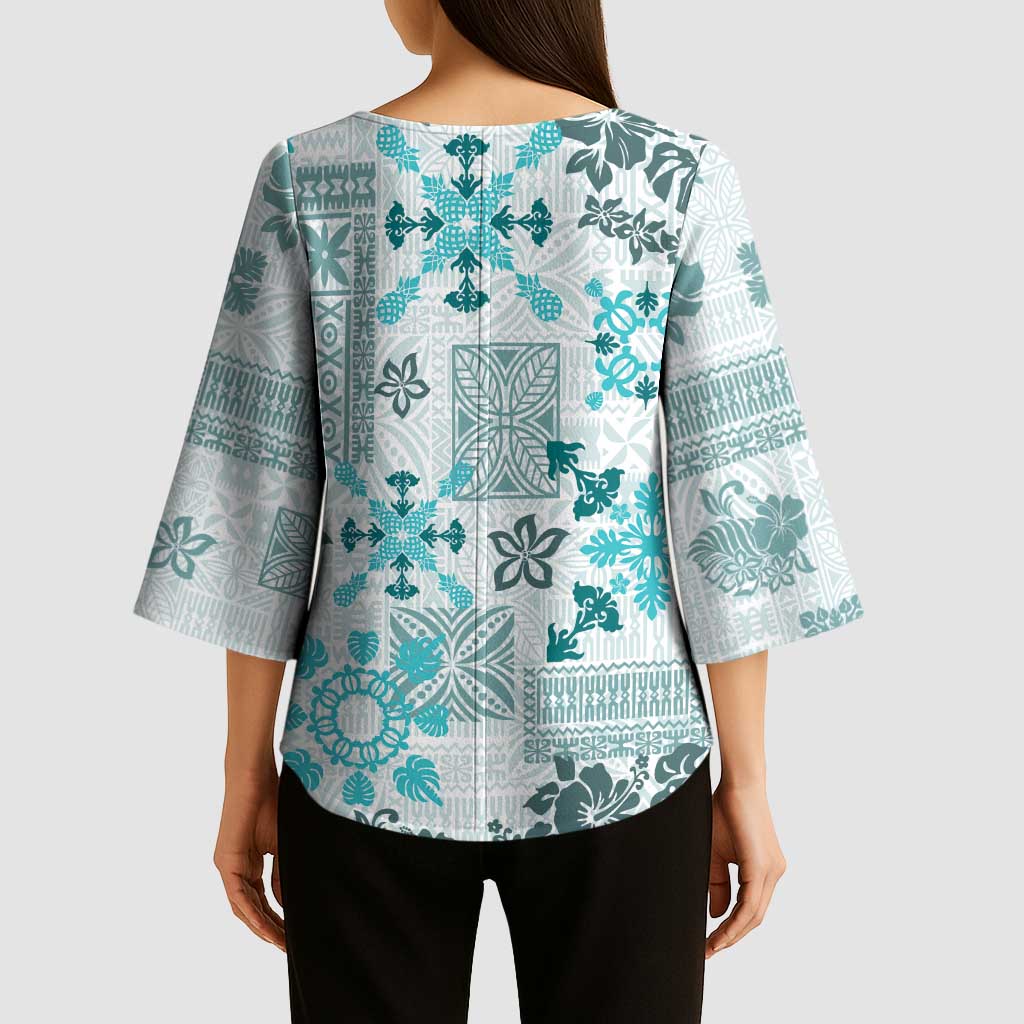 Hawaii Tapa Tribal Kimono Sleeve Blouse With Hawaiian Quilt Pattern Aqua - Polynesian Pride