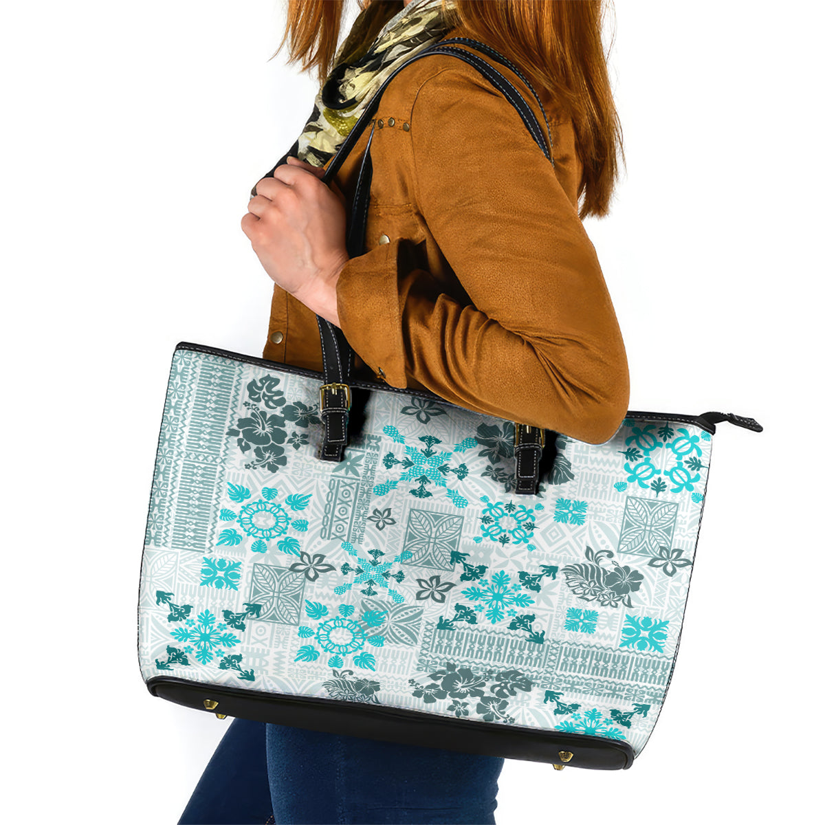 Hawaii Tapa Tribal Leather Tote Bag With Hawaiian Quilt Pattern Aqua LT9 Aqua - Polynesian Pride