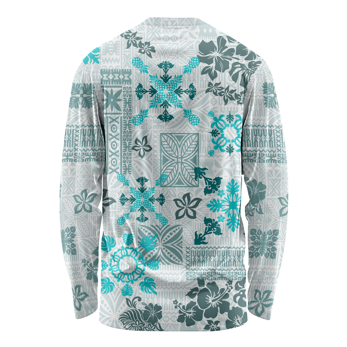 Hawaii Tapa Tribal Long Sleeve Shirt With Hawaiian Quilt Pattern Aqua LT9 - Polynesian Pride