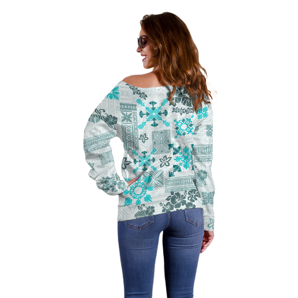 Hawaii Tapa Tribal Off Shoulder Sweater With Hawaiian Quilt Pattern Aqua LT9 - Polynesian Pride