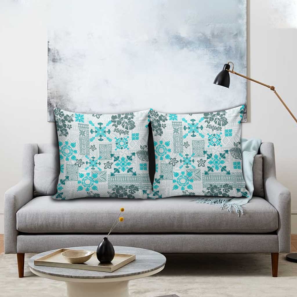 Hawaii Tapa Tribal Pillow Cover With Hawaiian Quilt Pattern Aqua - Polynesian Pride