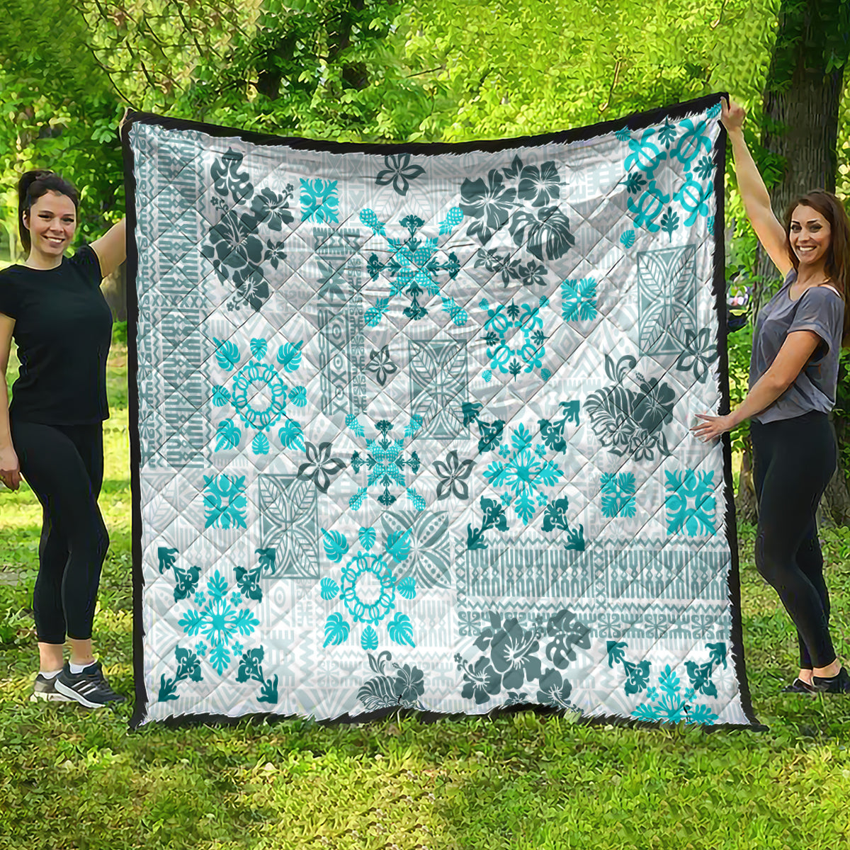 Hawaii Tapa Tribal Quilt With Hawaiian Quilt Pattern Aqua LT9 - Polynesian Pride