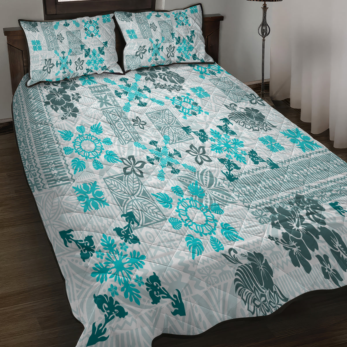 Hawaii Tapa Tribal Quilt Bed Set With Hawaiian Quilt Pattern Aqua LT9 - Polynesian Pride
