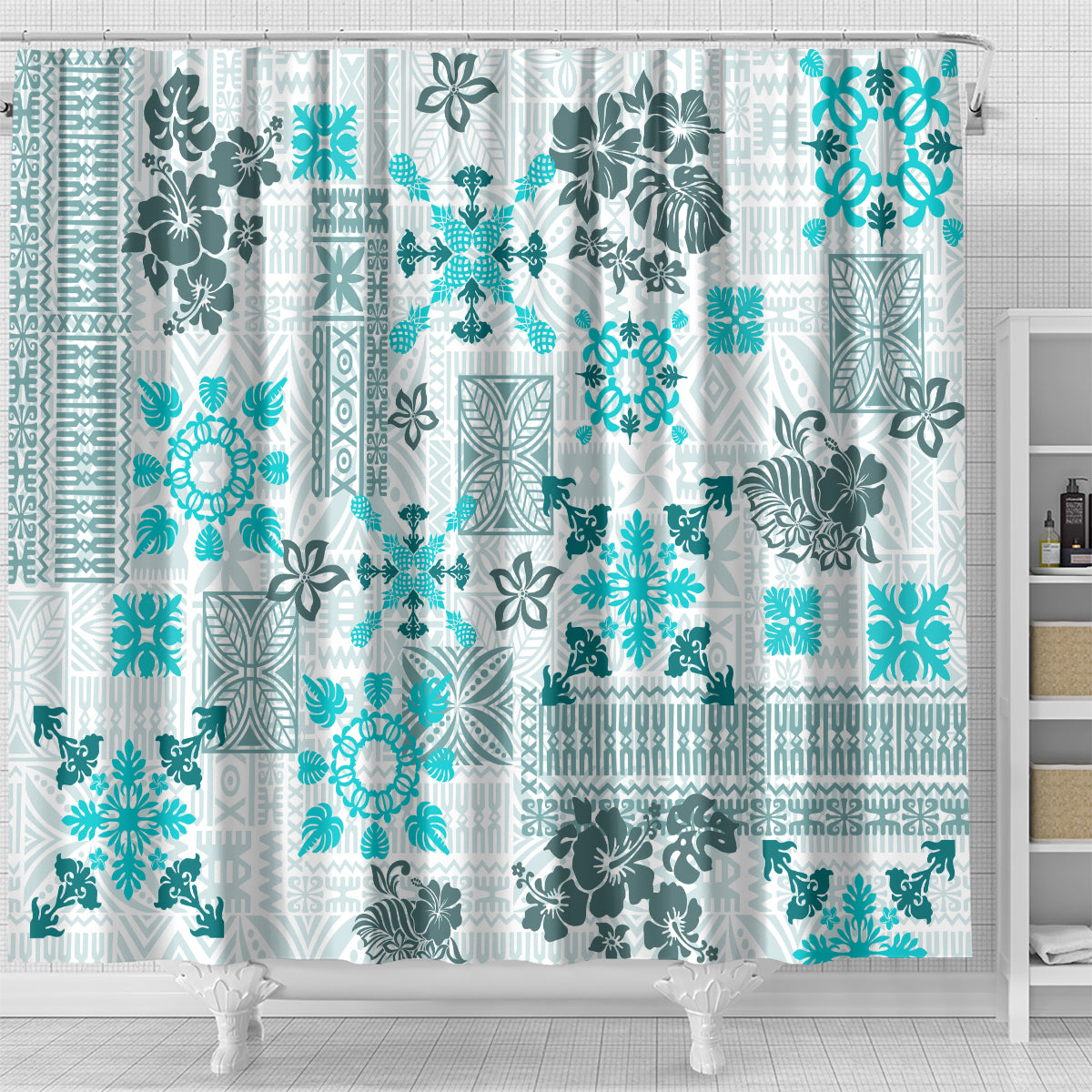 Hawaii Tapa Tribal Shower Curtain With Hawaiian Quilt Pattern Aqua LT9 - Polynesian Pride
