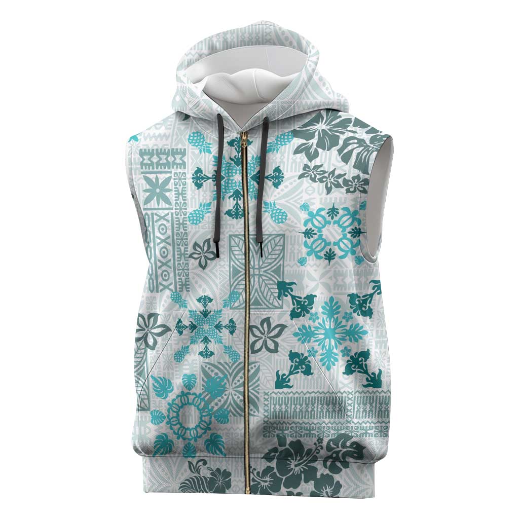 Hawaii Tapa Tribal Sleeveless Zip Hoodie With Hawaiian Quilt Pattern Aqua - Polynesian Pride