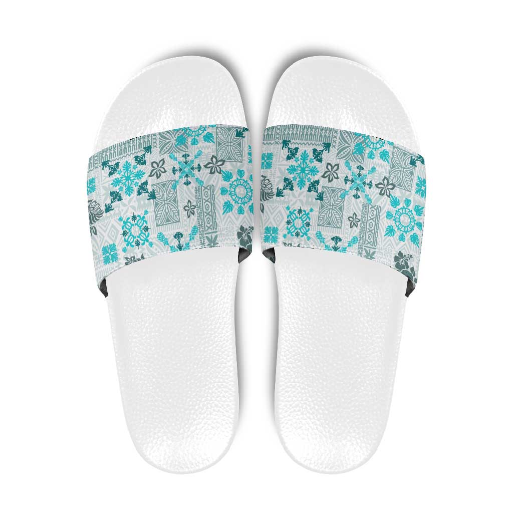 Hawaii Tapa Tribal Slide Sandals With Hawaiian Quilt Pattern Aqua - Polynesian Pride