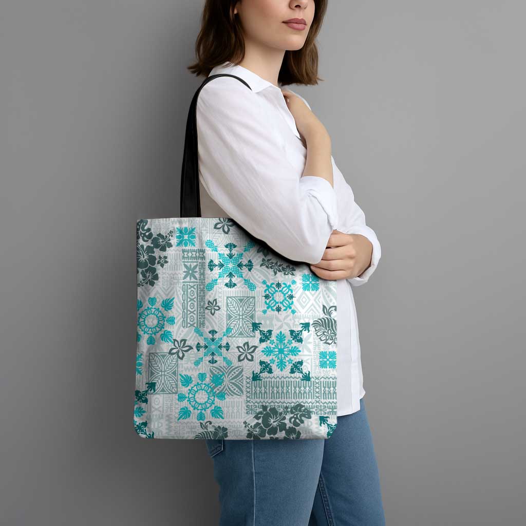 Hawaii Tapa Tribal Tote Bag With Hawaiian Quilt Pattern Aqua - Polynesian Pride