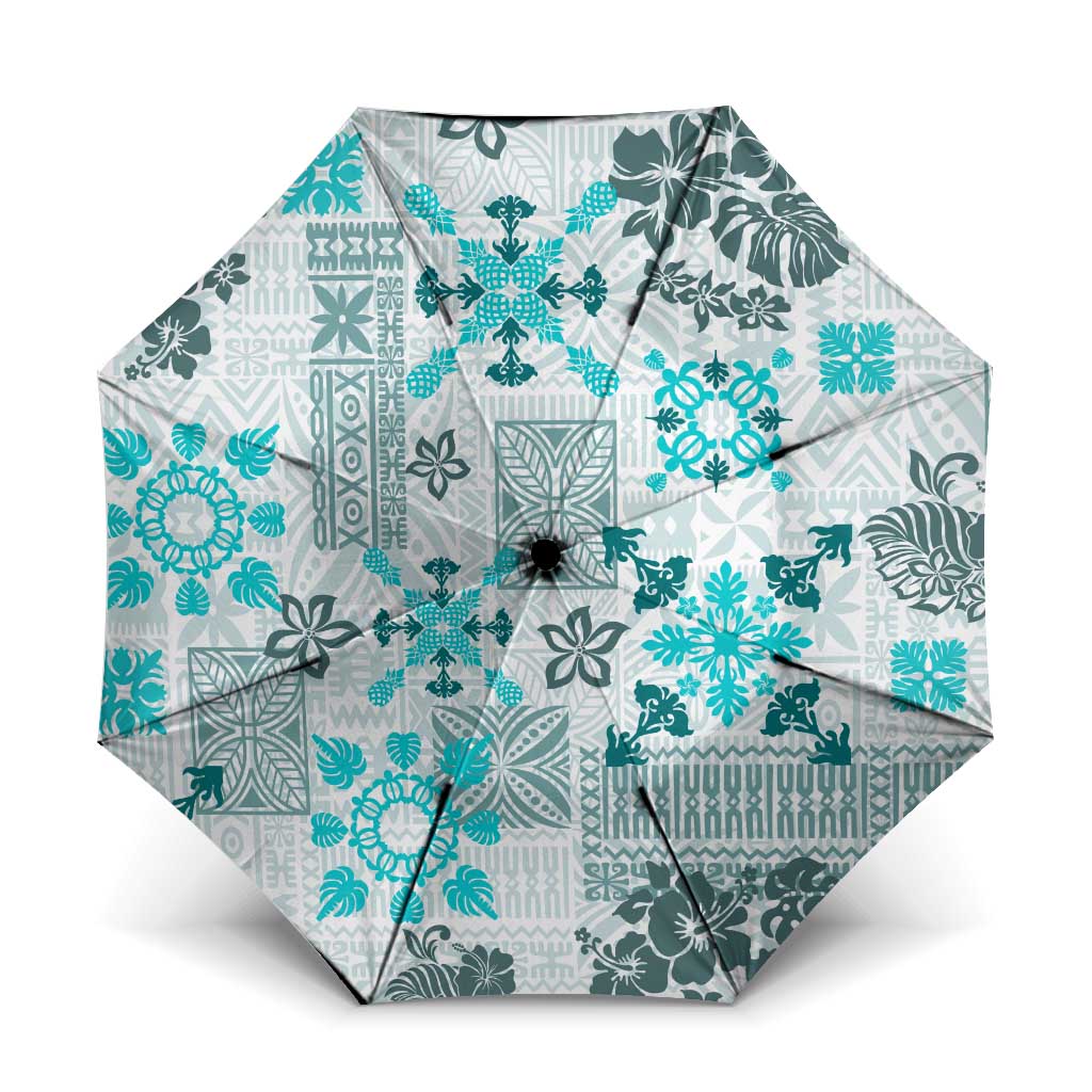 Hawaii Tapa Tribal Umbrella With Hawaiian Quilt Pattern Aqua - Polynesian Pride