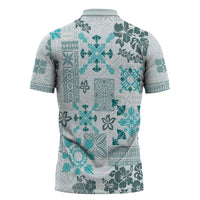 Hawaii Tapa Tribal Zipper Polo Shirt With Hawaiian Quilt Pattern Aqua - Polynesian Pride