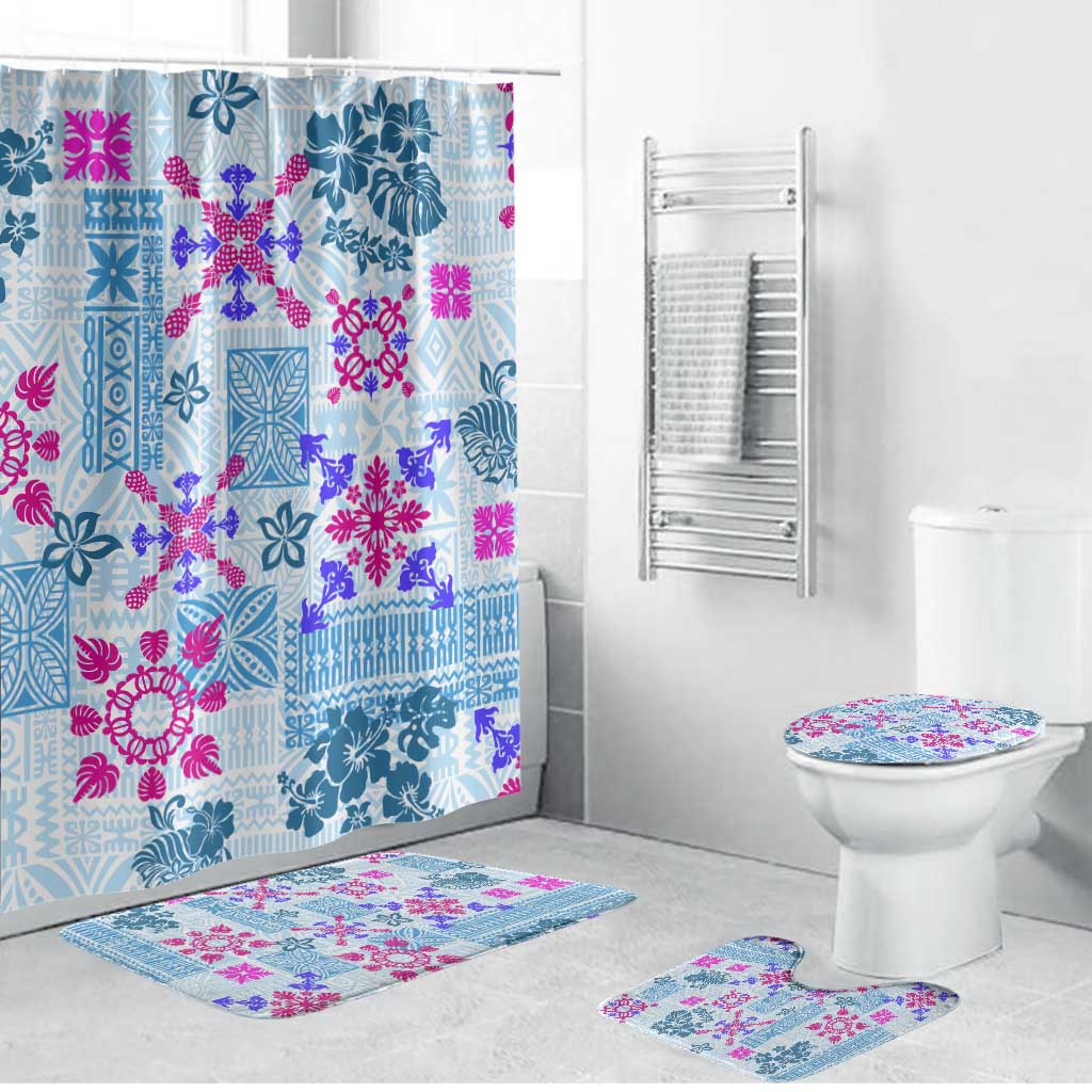Hawaii Tapa Tribal Bathroom Set With Hawaiian Quilt Pattern Blue - Polynesian Pride