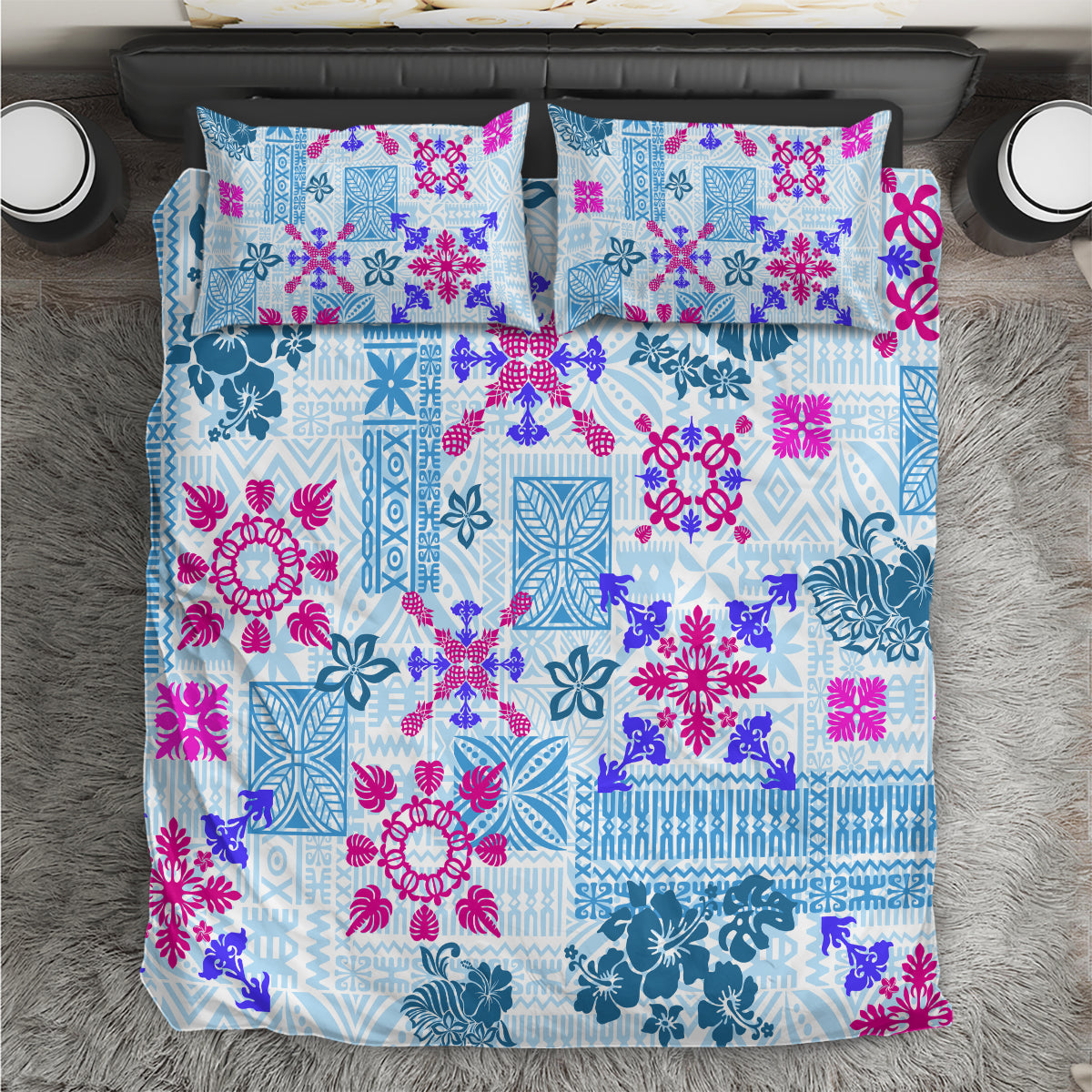 Hawaii Tapa Tribal Bedding Set With Hawaiian Quilt Pattern Blue LT9 Blue - Polynesian Pride