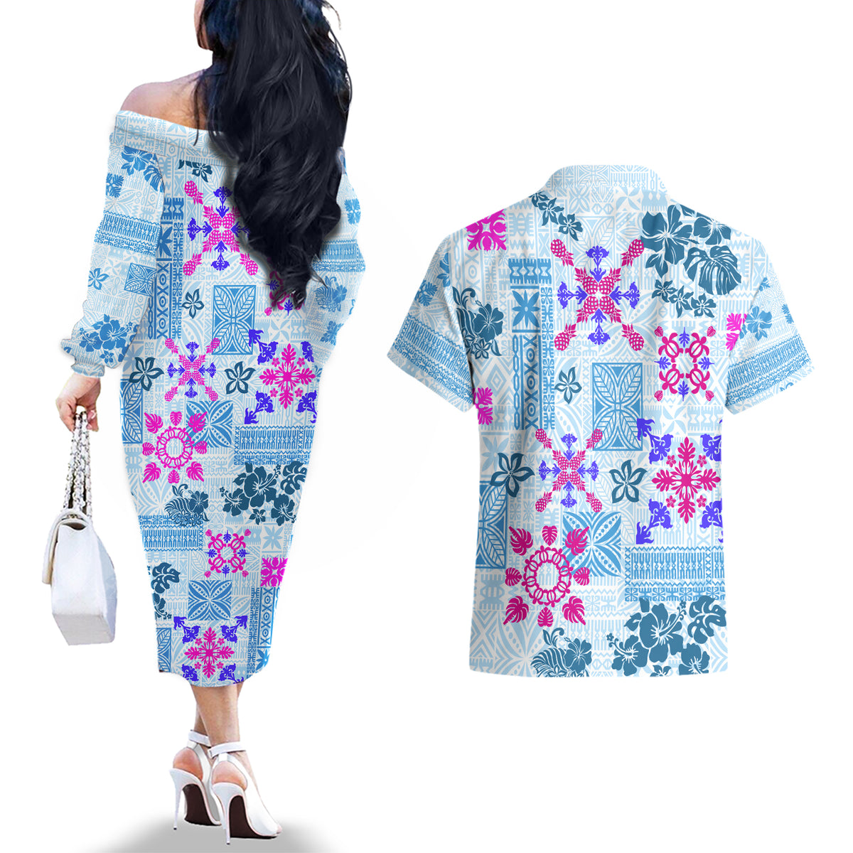 Hawaii Tapa Tribal Couples Matching Off The Shoulder Long Sleeve Dress and Hawaiian Shirt With Hawaiian Quilt Pattern Blue LT9 - Polynesian Pride