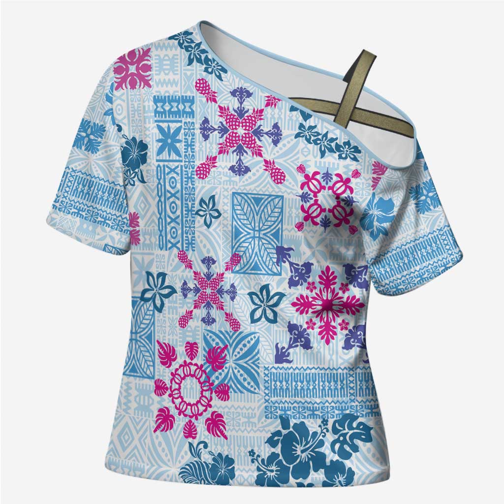 Hawaii Tapa Tribal Cross Shoulder Shirt With Hawaiian Quilt Pattern Blue - Polynesian Pride